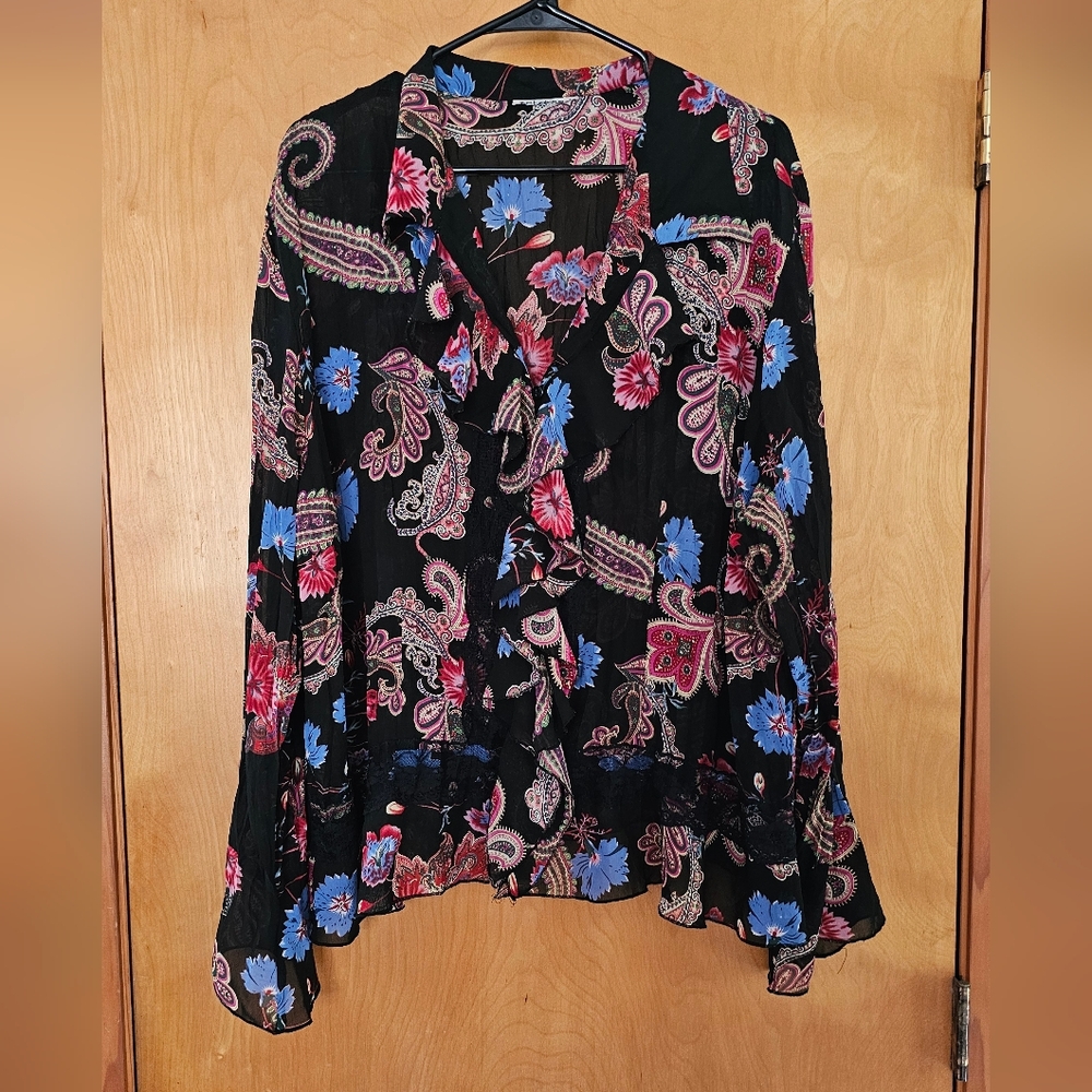 Blouse • Sheer • Renaissance Style •Ruffled  Flounce Slvs • Paisley Floral • XL